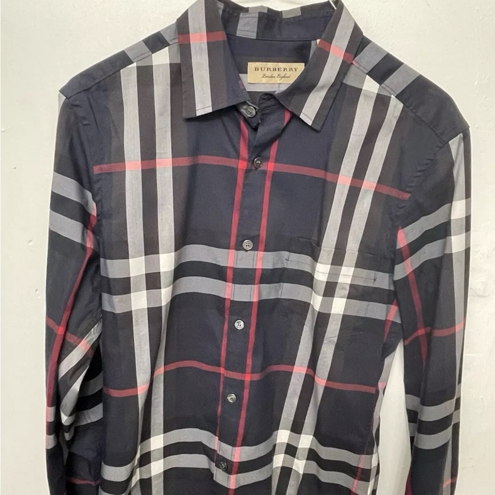 Burberry London Button Down Authentic Mens Blue Stretch Shirt Small Read Below